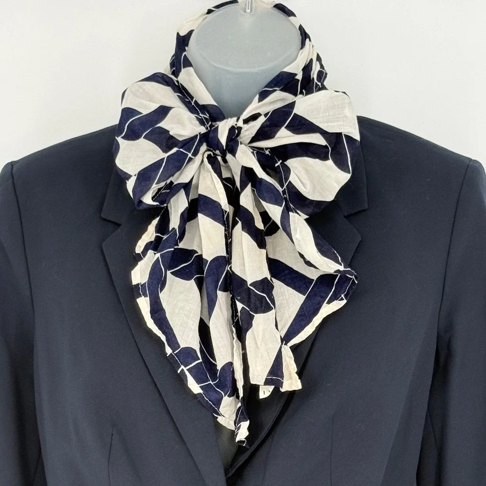 Navy Blue White Geometric Chain Link Cotton Scarf Lightweight Coastal Chic 92-20